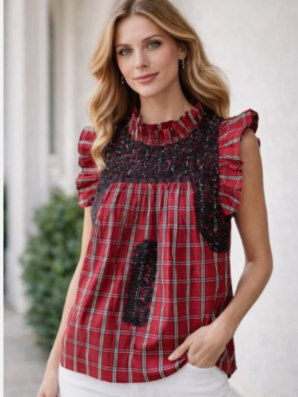 NWT J. Marie Red Plaid Ruffle Sleeve Top Various Sizes